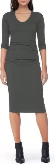 MICHAEL STARS Women’s Dark Grey 3/4 Sleeve Bodycon Ruched Midi Dress Sz M