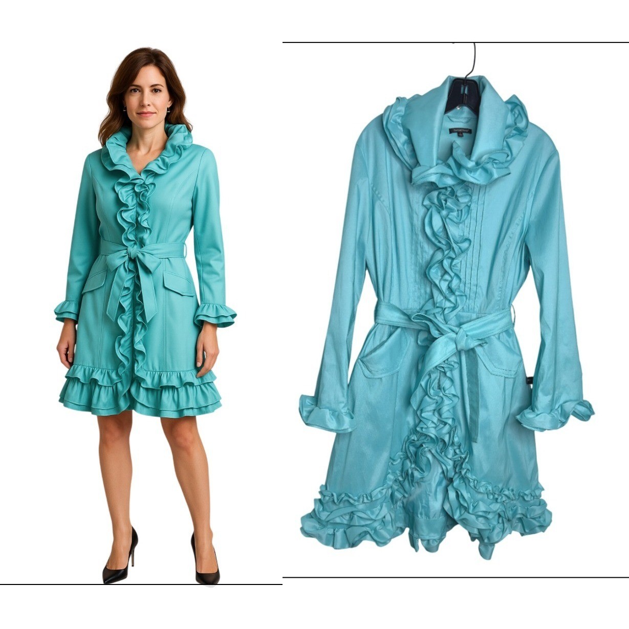 Samuel Dong Aqua Blue Ruffle Trimmed Belted Trench Coat Unique L