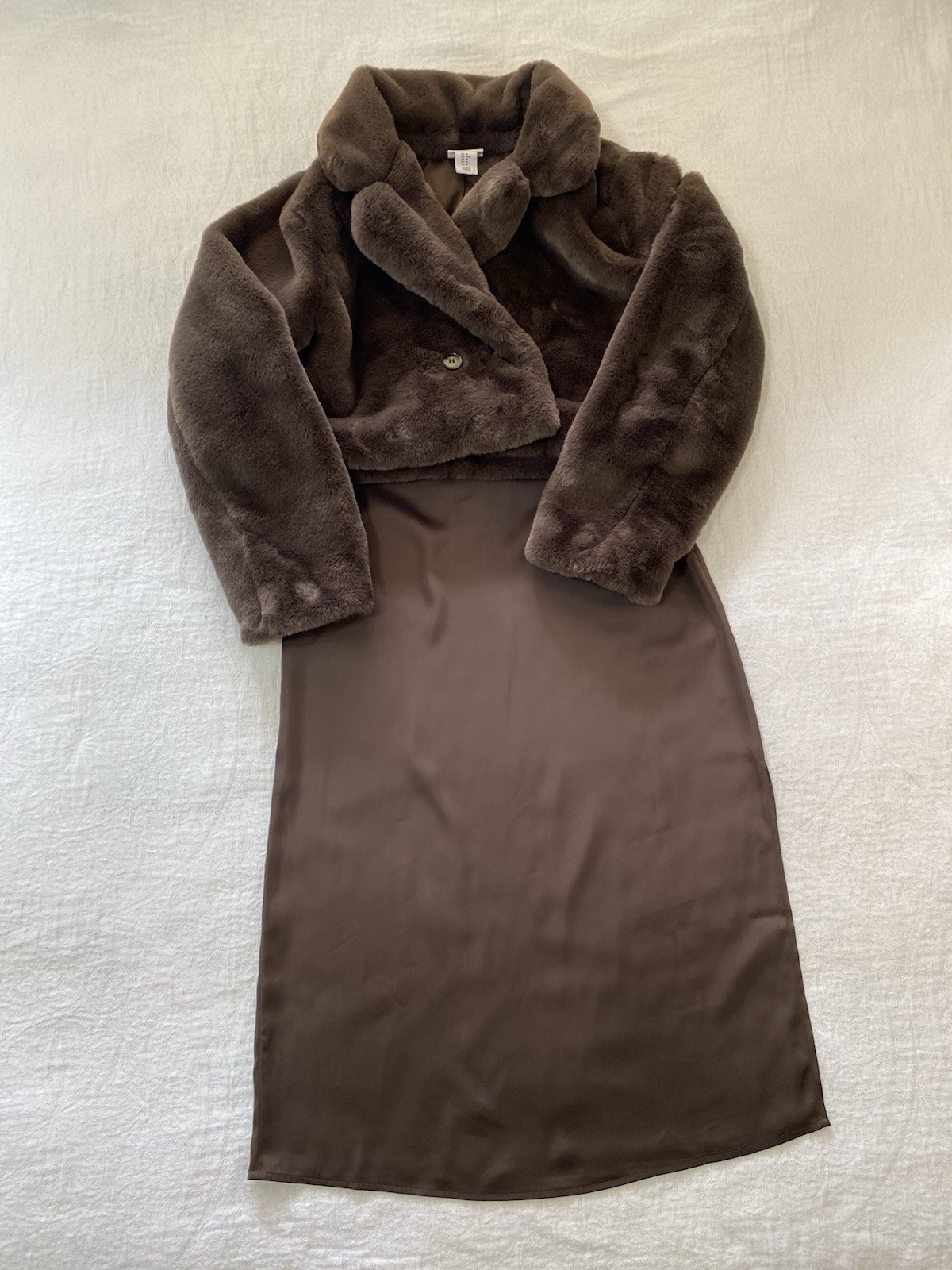 Song of Style Women Sz M Satin-Look Midi Dress Fuzzy Crop Jacket Set Brown NWT