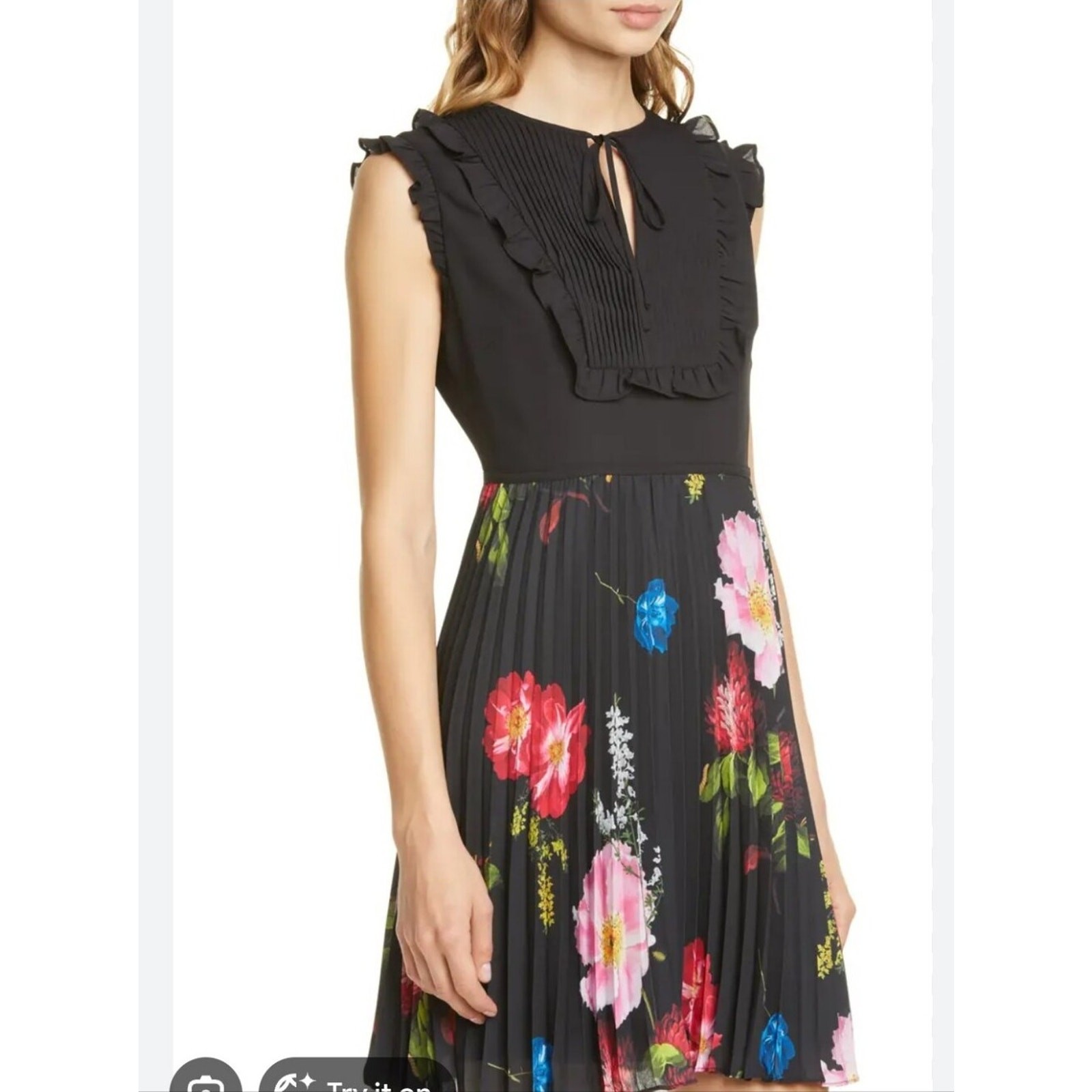 Ted Baker Rommanna Berry Sundae Black Floral Pleated Dress 3 Medium