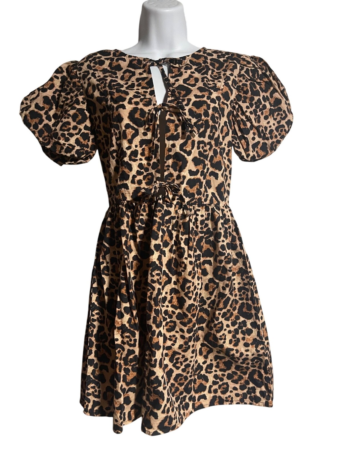 Sim & Sam Womens Leopard Puff Sleeve Shirred Mini Dress Size S JR 100% Cotton