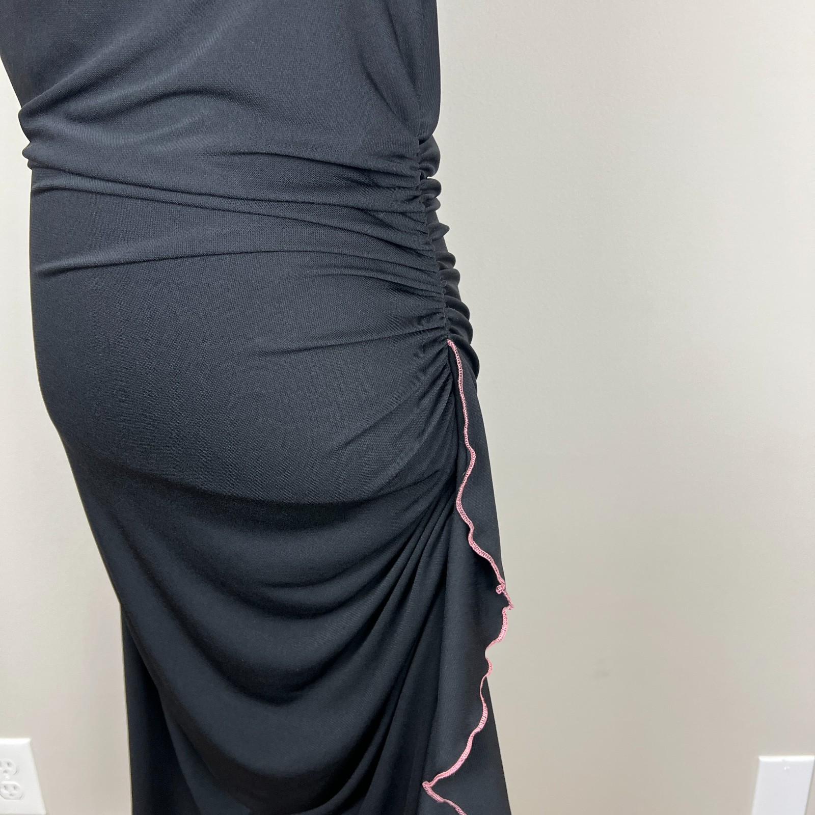 Vintage Y2K 90s City Triangles Dress Large Black Pink Ruched Draped Cowl Neck L