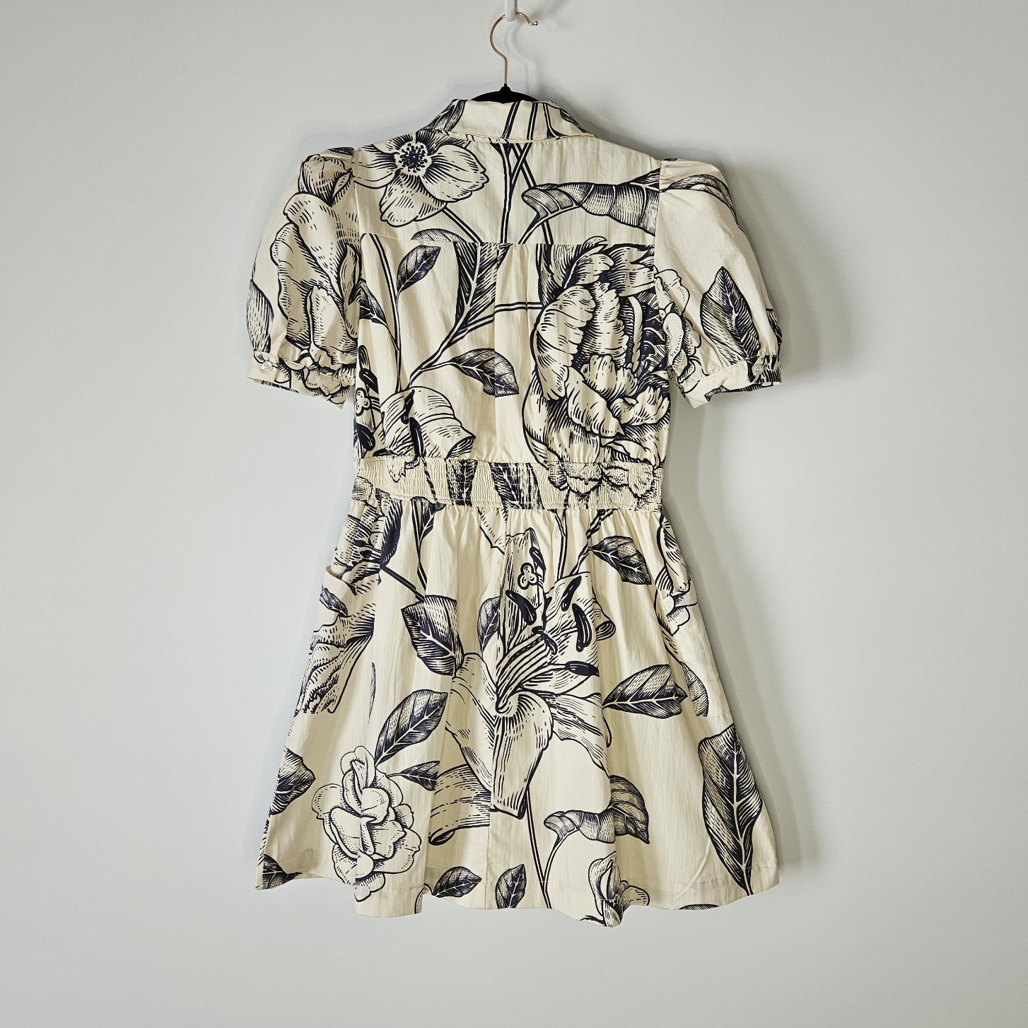 TCEC Ivory/Navy Floral Collared Puff Sleeve Shirt Dress Pockets S