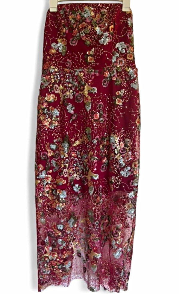 Sam Edelman Burgundy Floral Sequin Mesh Strapless Midi Sheath Dress Size 10