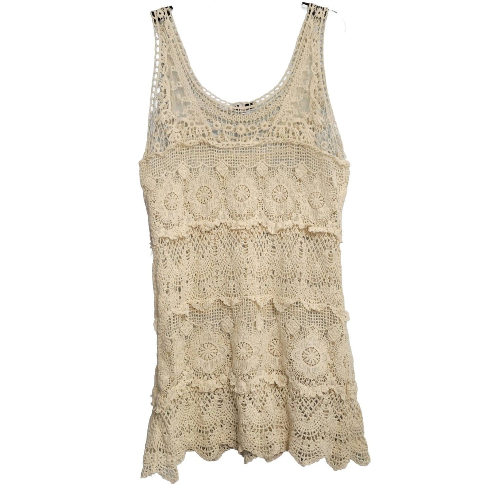 Ecru Crochet Tunic Mini Dress LG Tiered Festival Beach Cover Boho Festival Y2K