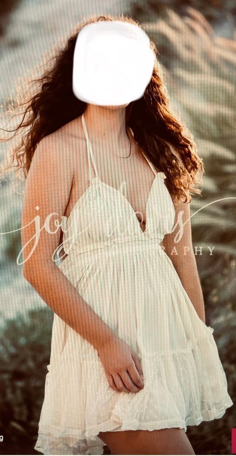 Beach dress Cream Polka Dot Chiffon V-Neck Halter Mini Dress Ruffle Size L