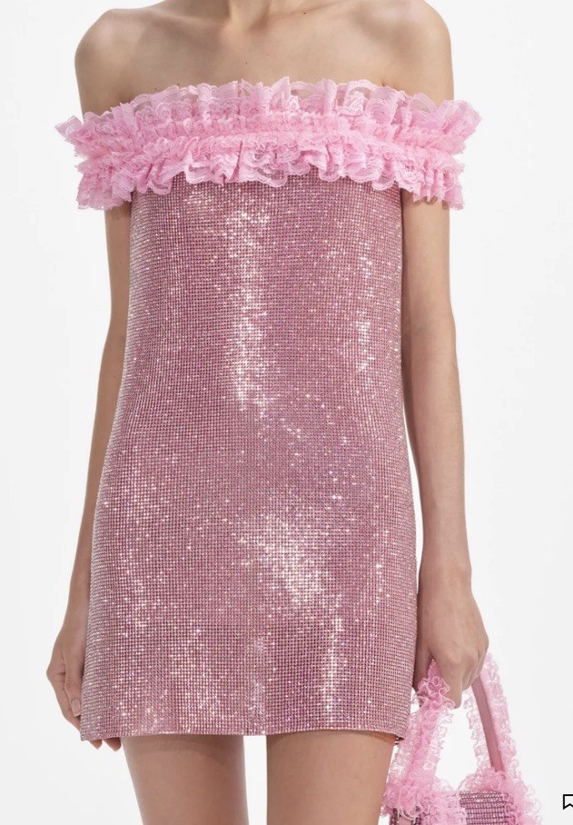 self portrait Pink Lace Ruffle Chainmail Crystal Rhinestone Sparkle Dress Barbie