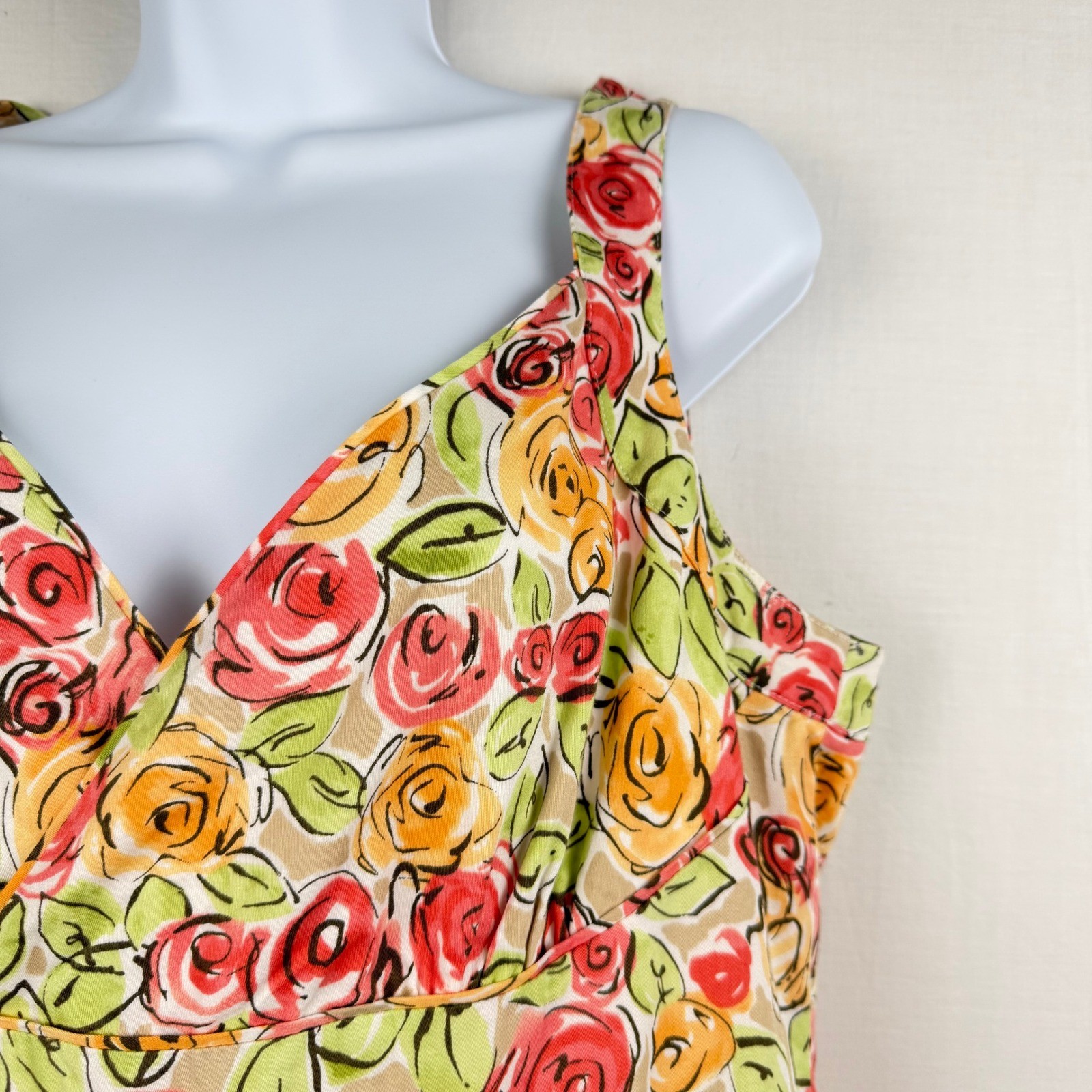 Talbots Petites Floral Rose Print Fit and Flare Midi Dress Sleeveless V-Neck 12P