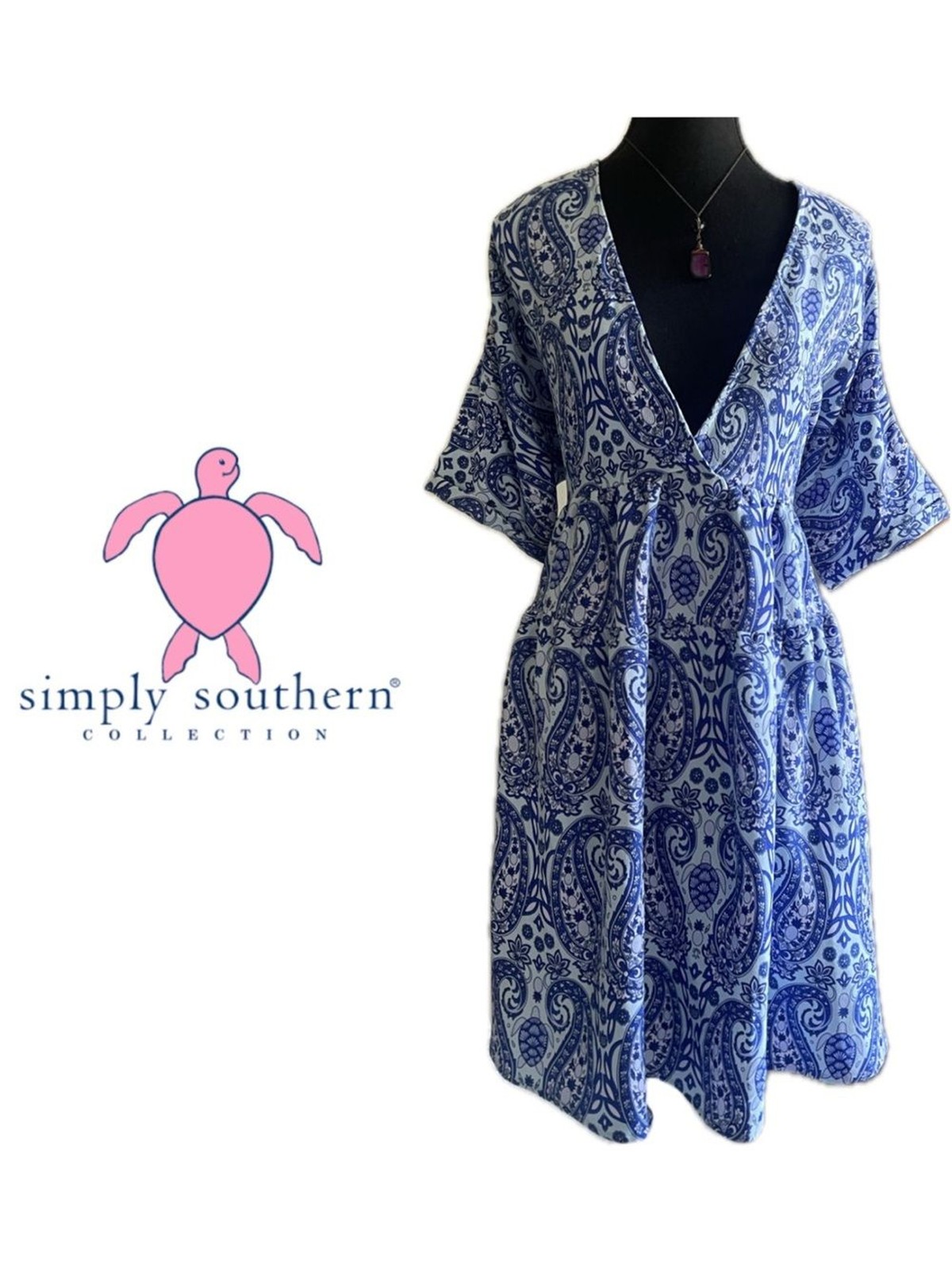 Simply Southern Sea Turtle Pineapple Blue Paisley Dress POCKETS Beach Coastal M