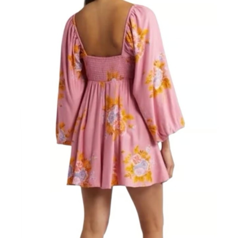Free People Francesca Floral Puff Long Sleeves Mini Dress Rose Pink Size Large