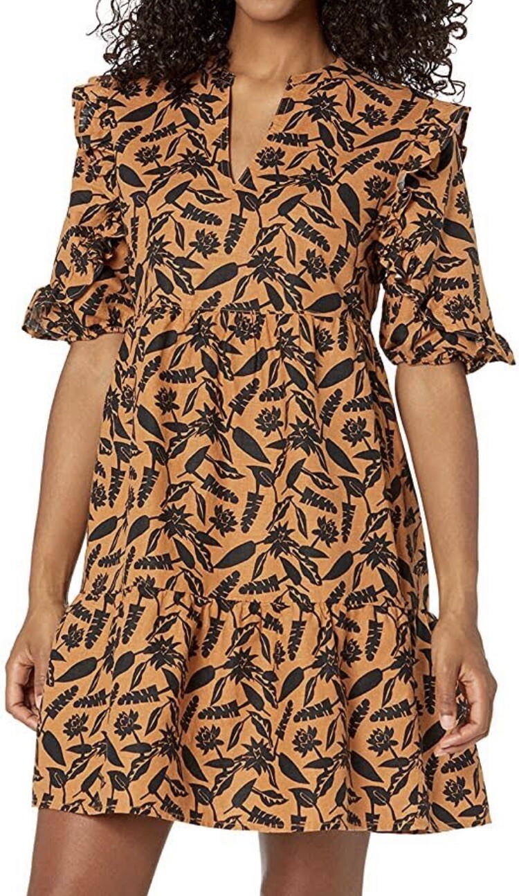 GOODTHREADS MEDIUM Linen Cotton Elbow Sleeve Split Neck Dress, Tan Block Floral