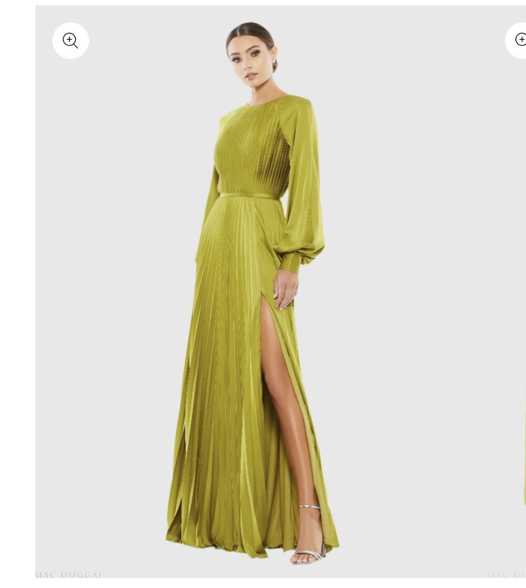 Ieena for Mac Duggal Green Satin Pleated Maxi Dress 2 High Neck Long Sleeve Slit