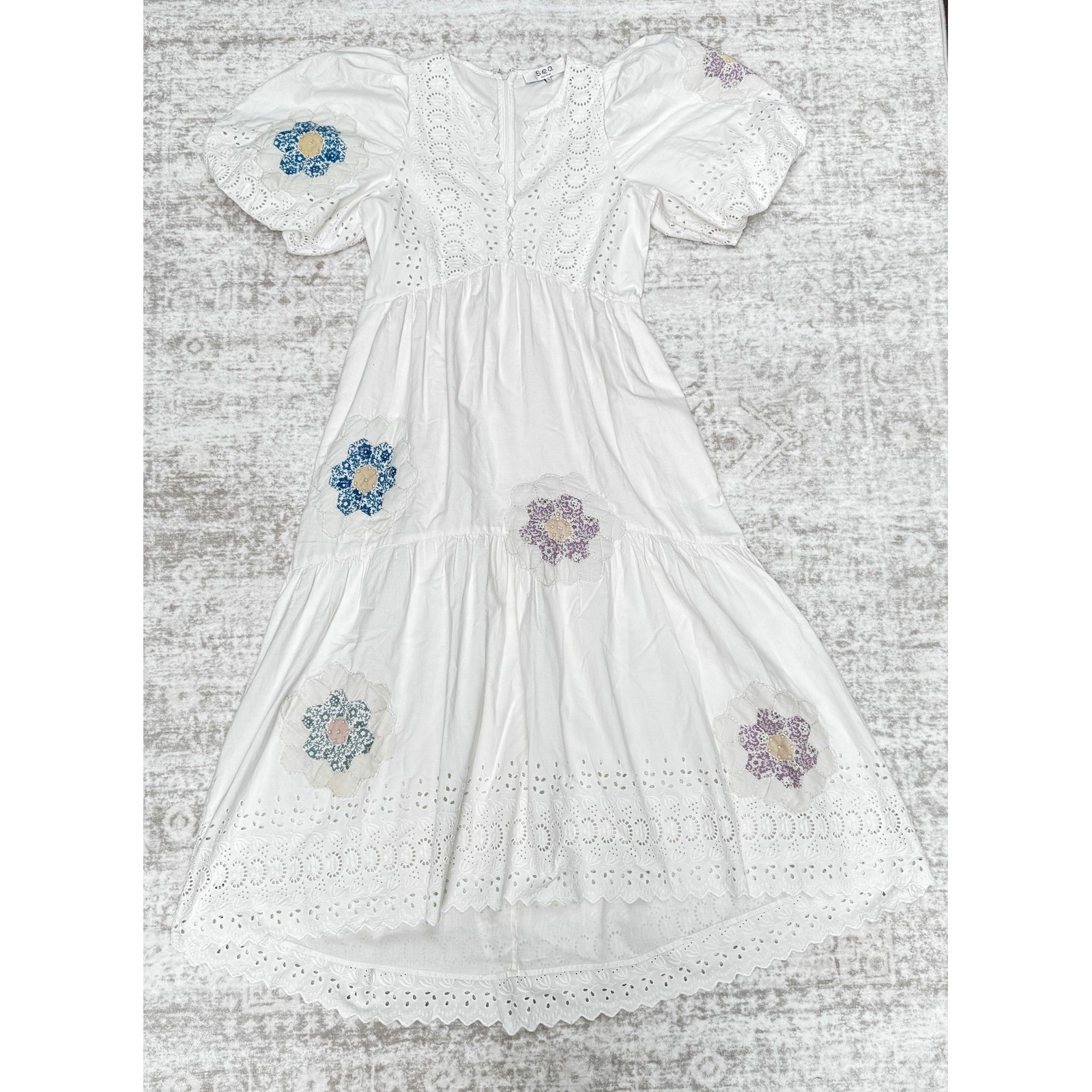 Sea New York Violette Midi Dress Womens S White Eyelet Floral Patchwork Puff Slv