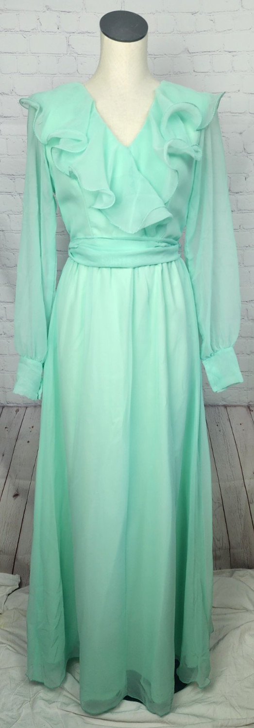 Vintage 60’s 70’s Maxi Dress Ruffle Waist Tie Prom Wedding Guest Formal MOD S