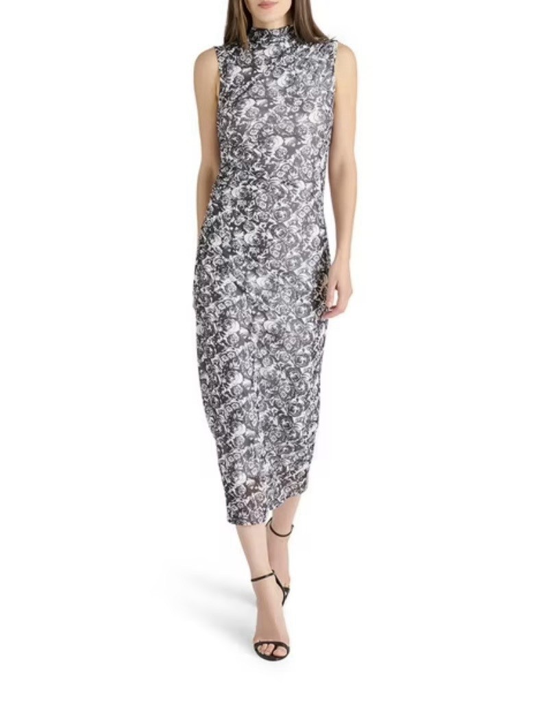 Betsey Johnson Gray White Floral Sheath Dress Mock Neck Sleeveless Midi L