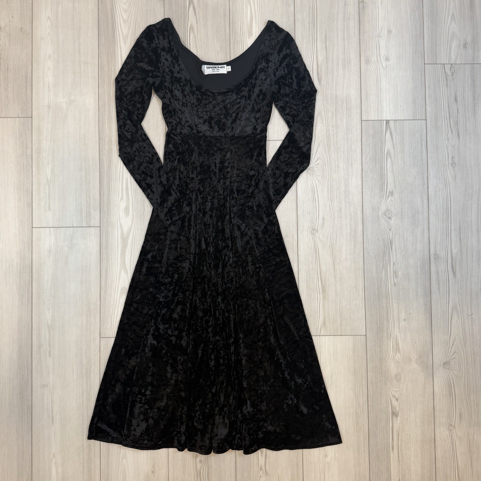 Vintage Tapemeasure Crushed Velvet Long Sleeve Dress Small Black Whimsical Goth