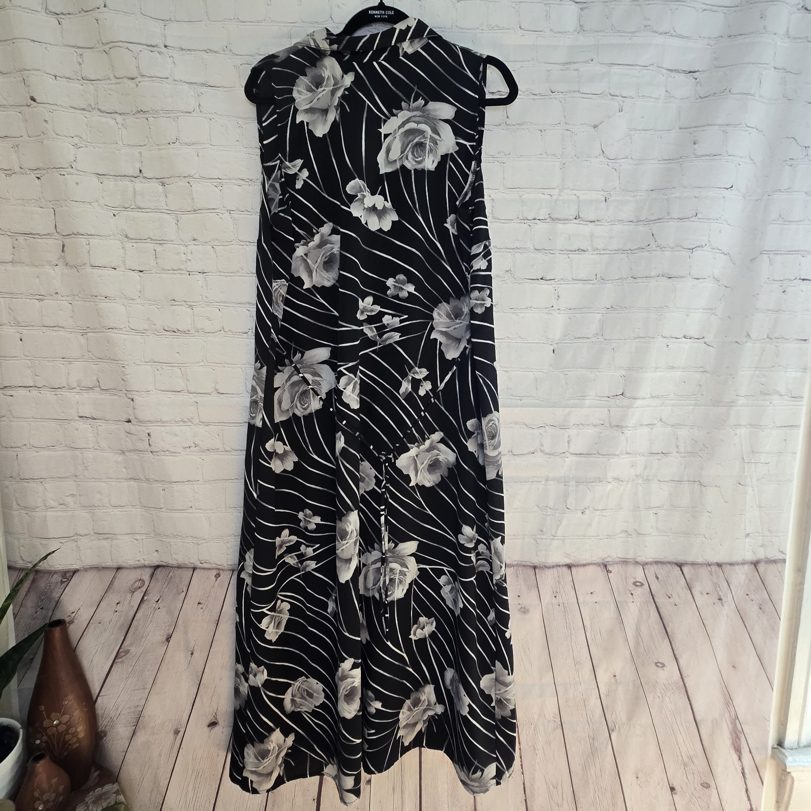 American vtg 90s gothic floral button front collared tie back Grunge Maxi Dress