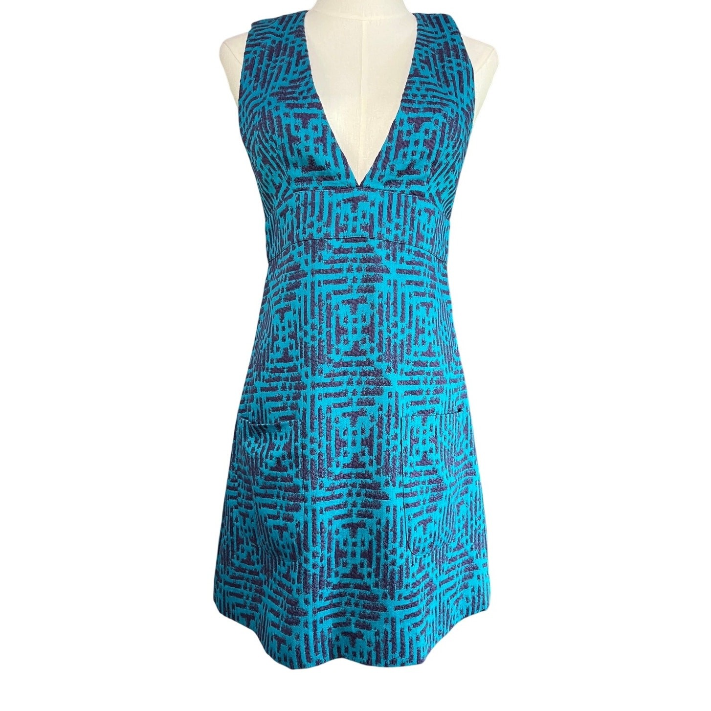 Anna Sui Teal Purple Jacquard Mini Dress Sleeveless Plunge Neck Size 0 USA