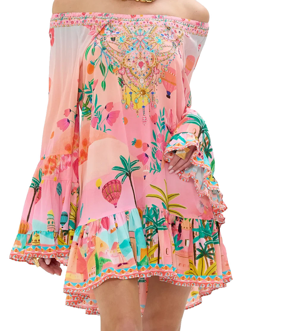 Camilla A Line Frill Dress Size S Sister Sunset Mini Pink Silk Ruffle Crystal