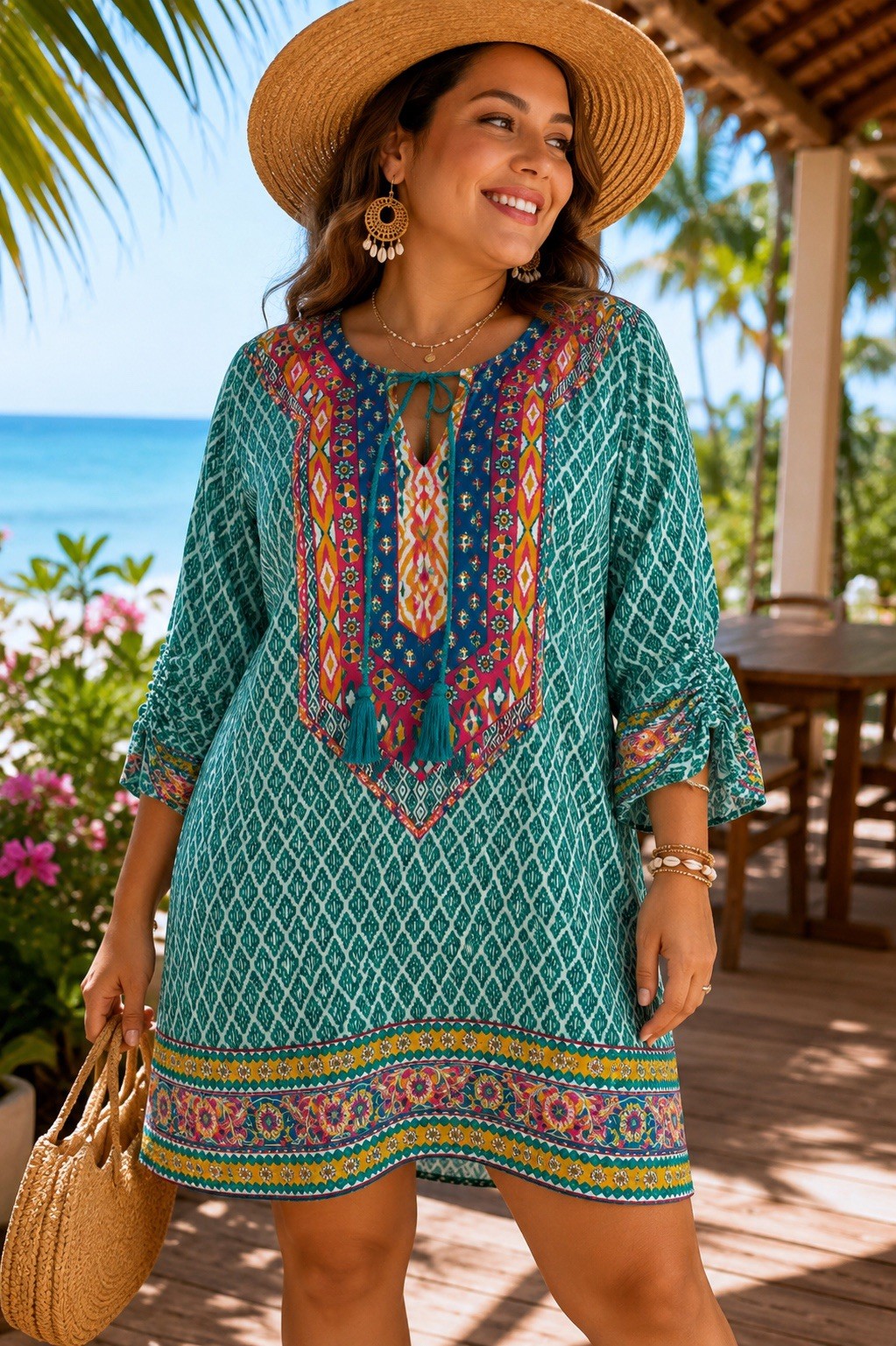 Urban Coco Boho Tunic Dress S Tribal Tassel Beach Resort Cover Up Green