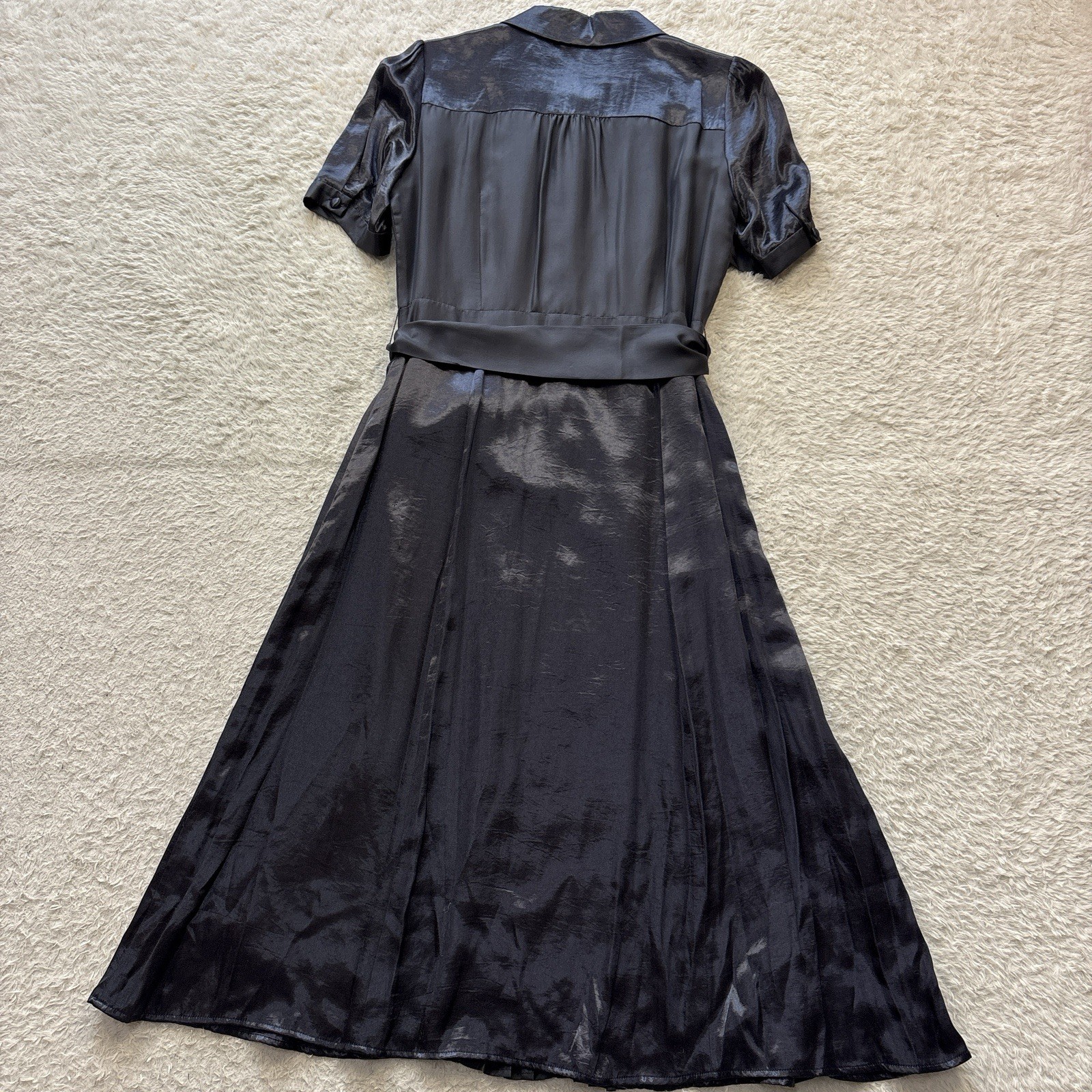Laura Ashley Silk-Panel Long Flared Shirt Dress, Navy, Short-Sleeve