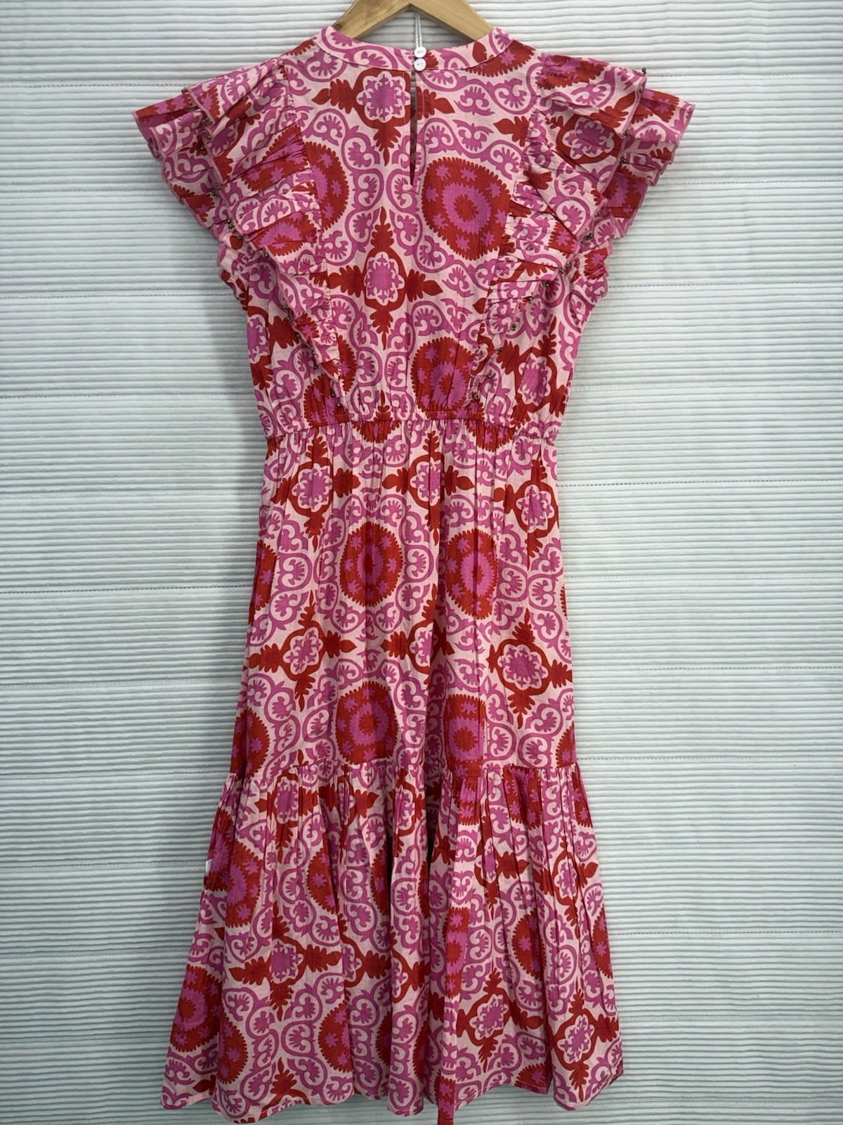 Sal Rosa Ruffle Flutter Sleeve Cotton Midi Vibrant Dress Pink Red Size 10