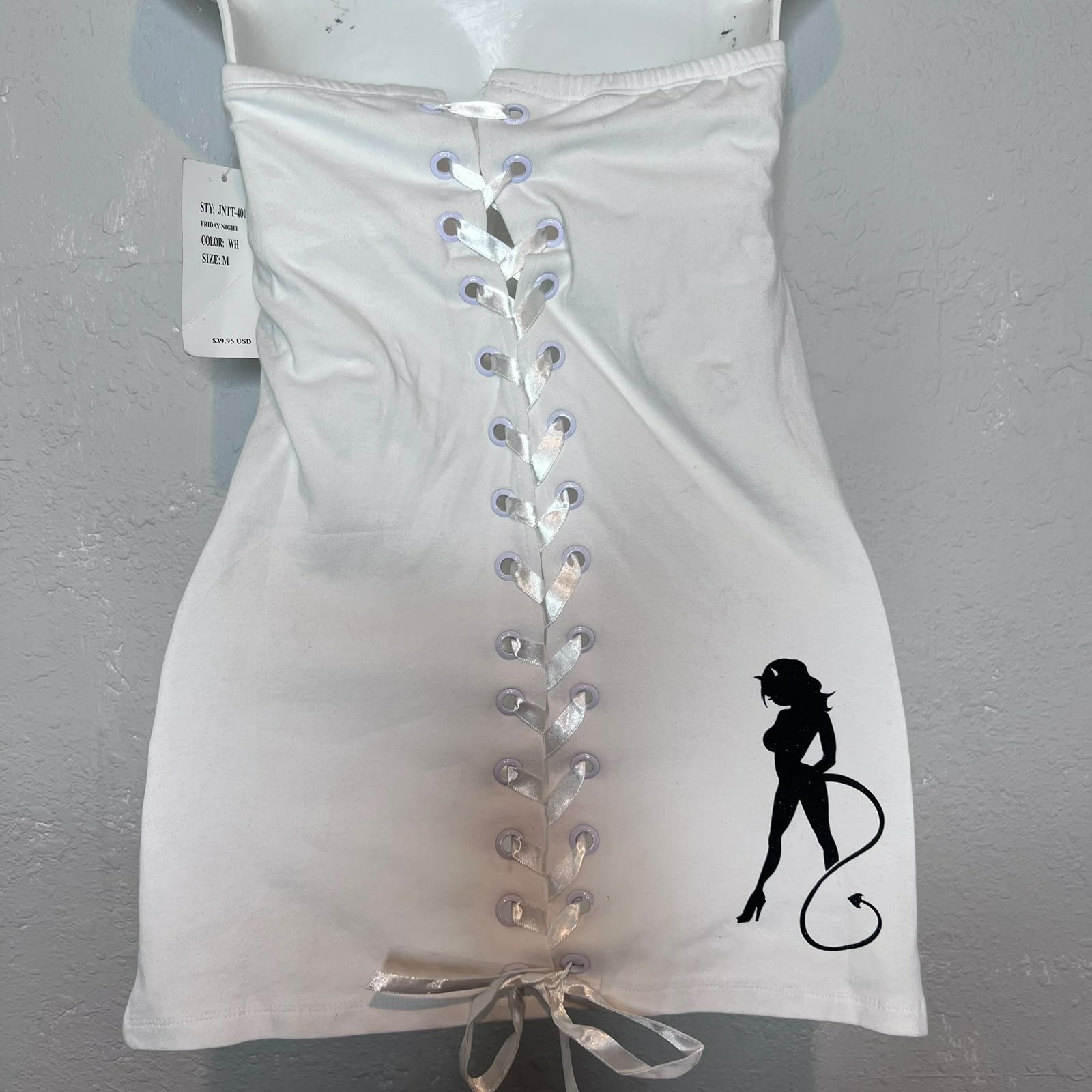 Y2K Skin Industries White Strapless Logo Angel Devil Mini Dress Lace Up Sz L