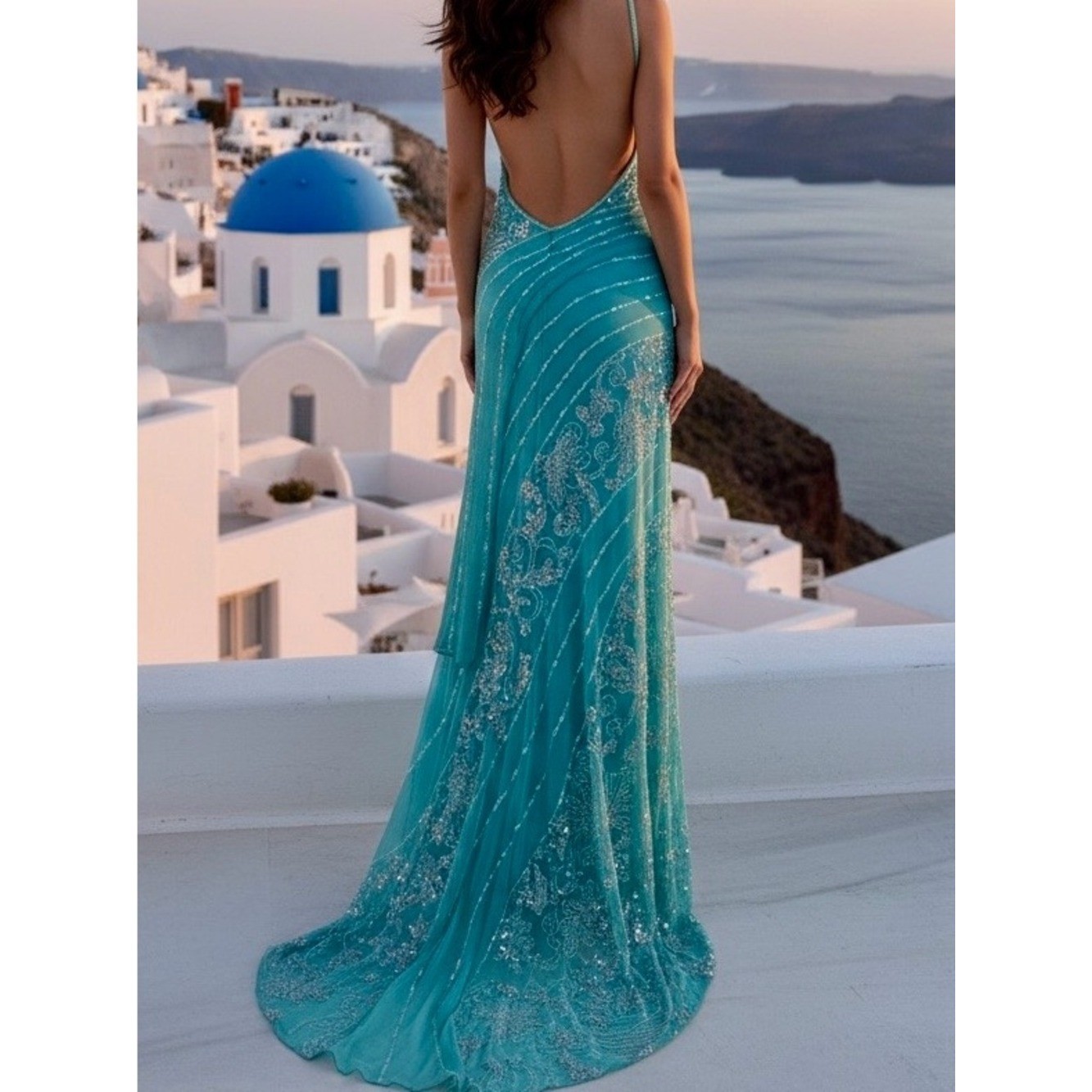 One-Shoulder hand beaded aqua Evening Gown stretch fabric attitudes by Debra