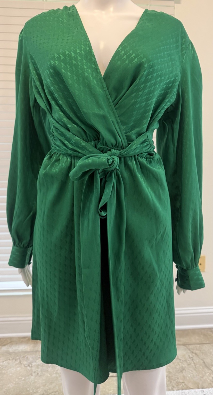 Express Jacquard Satin Tie-Waist Long Sleeve Mini Dress in Green Lush SizeM