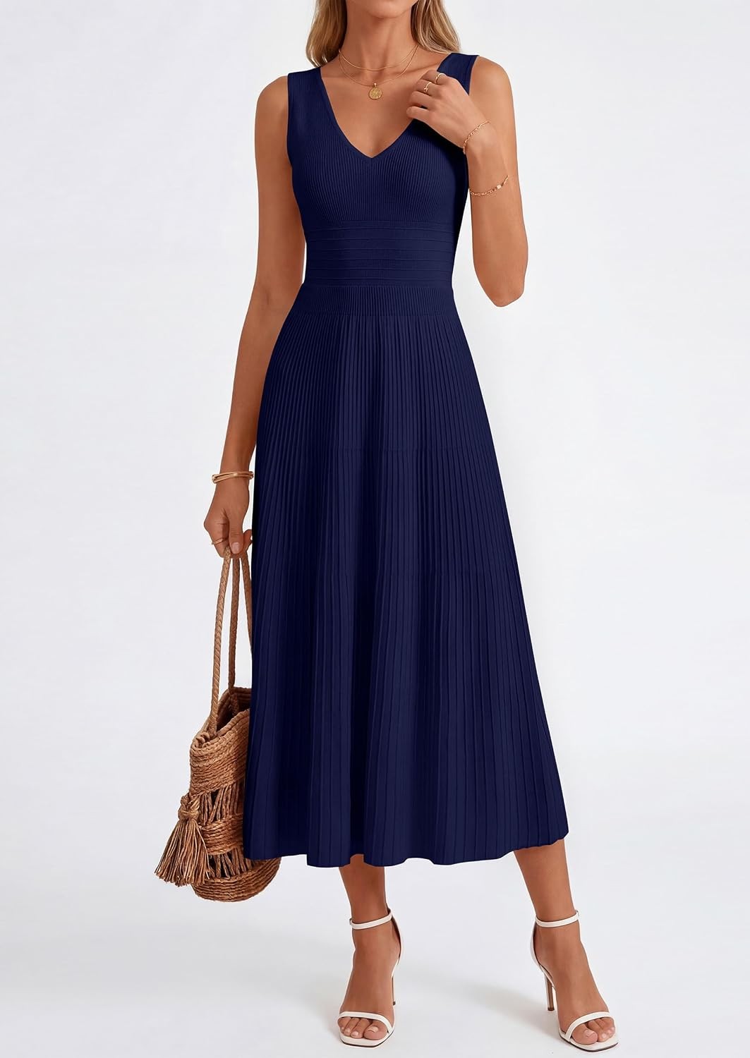 Summer Dresses for Women 2026 Spring Casual Sleeveless V Neck Pleated Midi Work