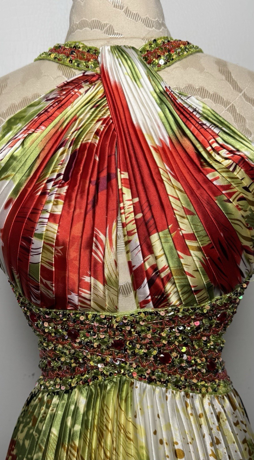 NWT Beaded Halter Open Back Pleated Tropical Print Formal Evening Gown S/M