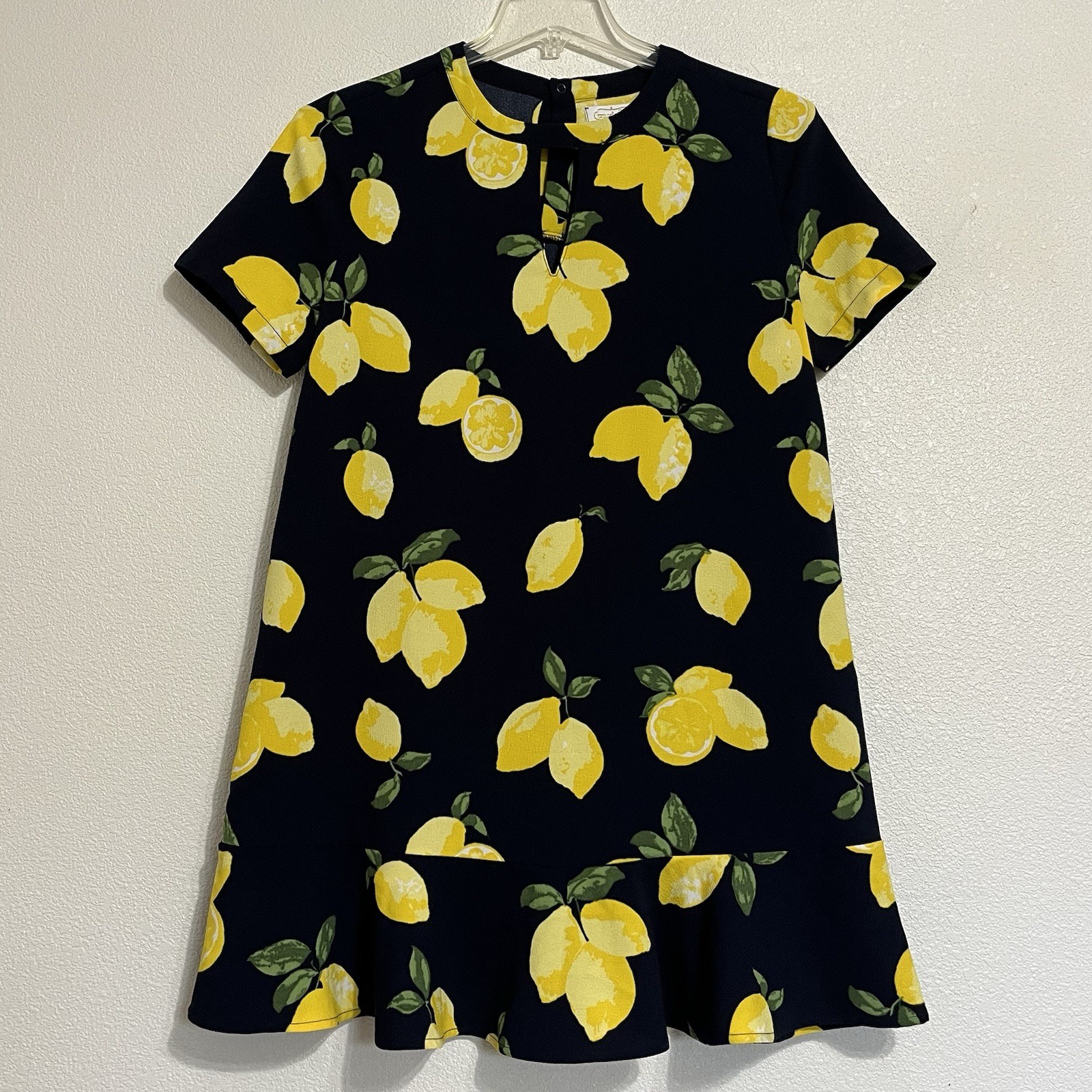 MUD PIE Lemons Lana Flounce Ruffle Short Sleeve Shift Dress Navy Yellow Women M