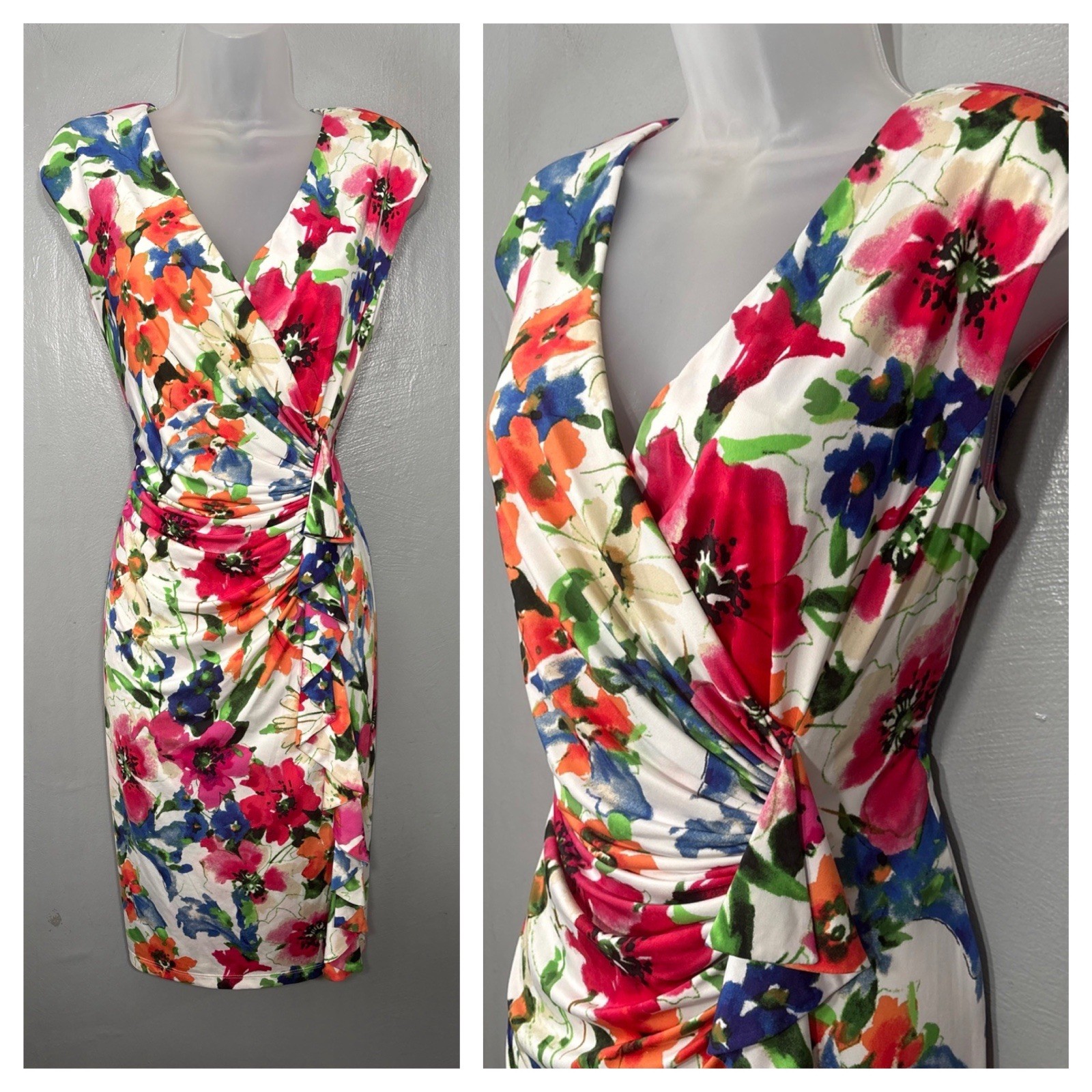American Living Dress Size 12 Sleeveless Faux Wrap Stretch Vibrant Floral Ruffle