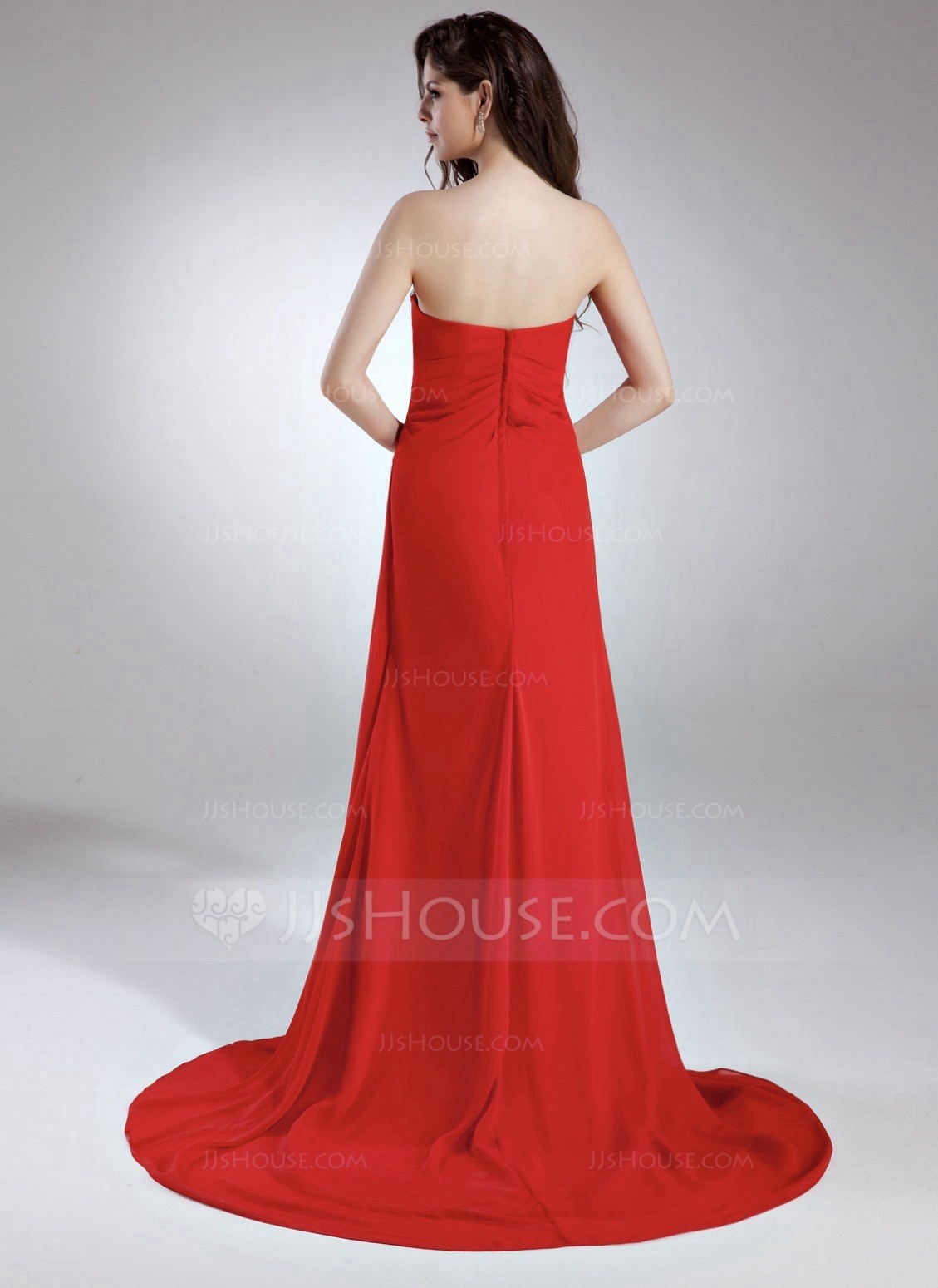 JJ’s House Red Sweetheart Strapless Chiffon Beaded Long Slit Formal Dress 2