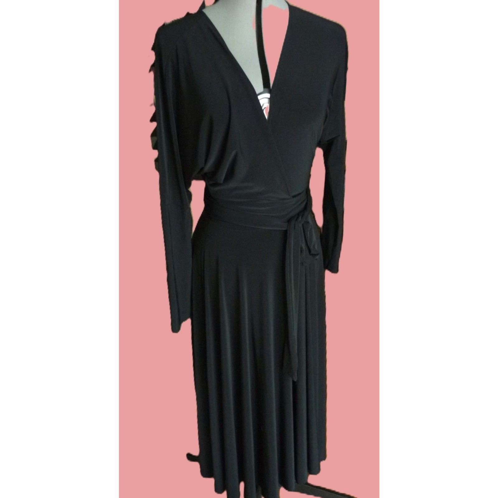 Kamalikulture Black Smooth Fluid Knit True Wrap Midi Dress Full Circle Skirt S