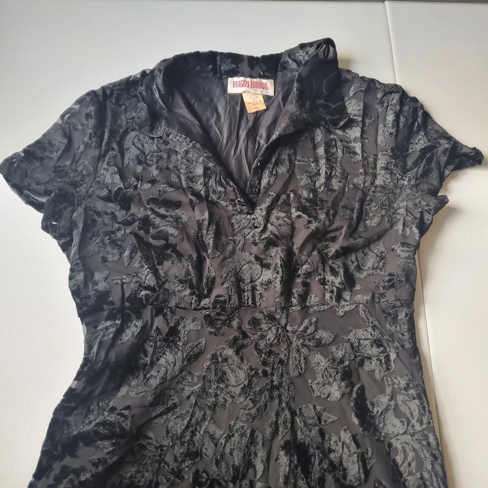 90s Gothic Academia Whimsigoth Dress Womens 8 Black Velvet Floral Collared