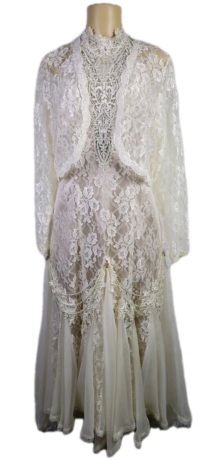 Vtg French Lace Floral Ivory Embellished Beaded Gown Beaded w/Jacket