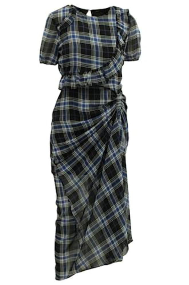 Maje Side-Ruched Plaid Tartan Blue and Navy Long Dress Ruffle UK size 10