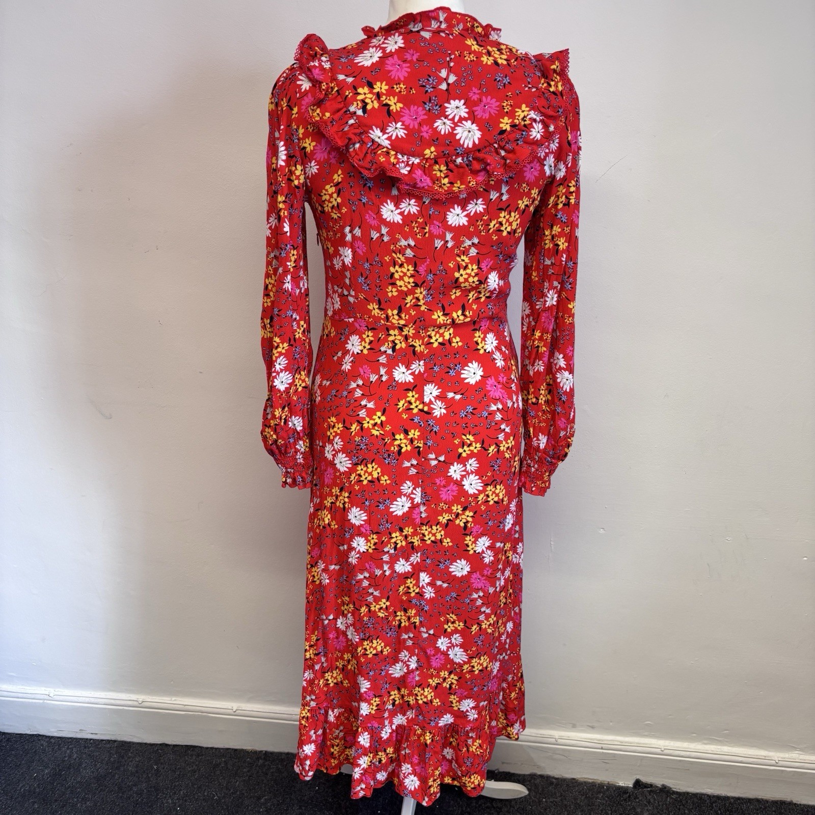 Oliver Bonas Midi Dress Size 8 Red Floral Pattern Ruffle Summer