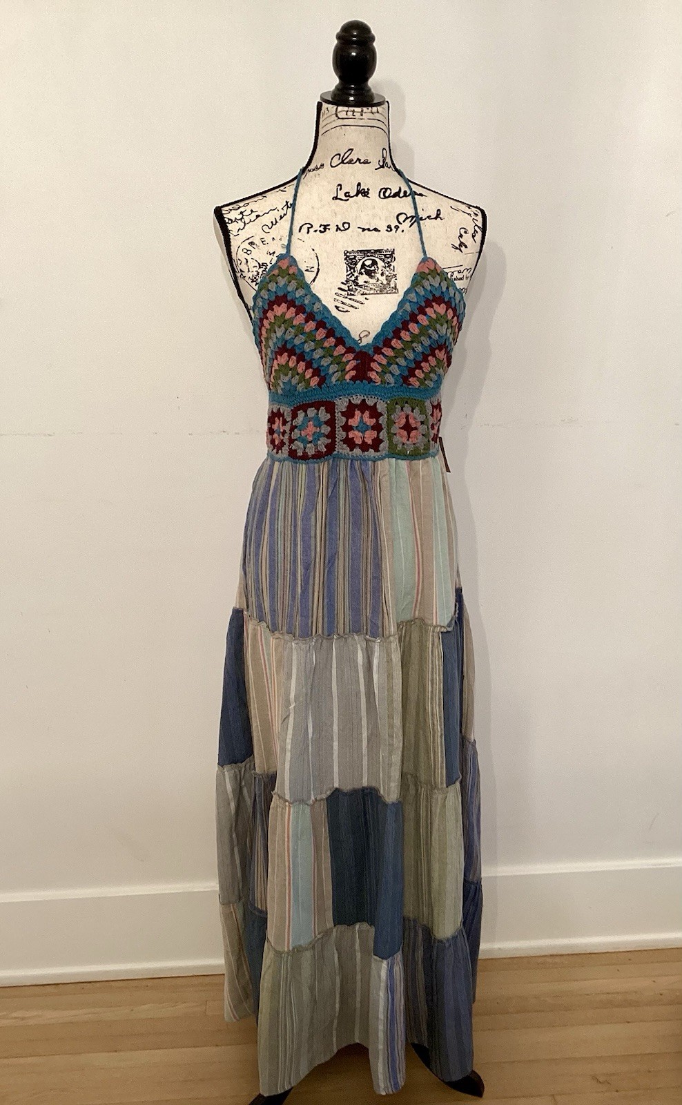 Artisan Boho Crochet Patchwork Maxi Dress Halter Flowy Summer M L NWT
