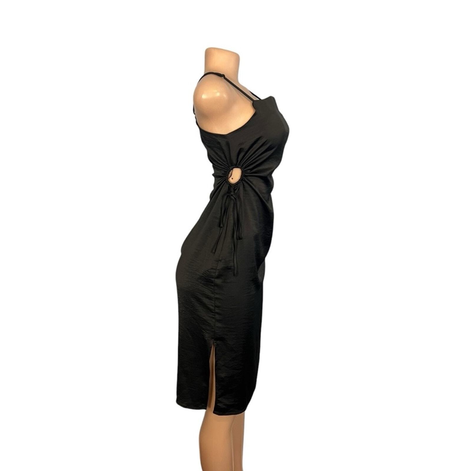 House of Harlow 1960 Solid Black Open Drawstring Sides Satin Mini Dress