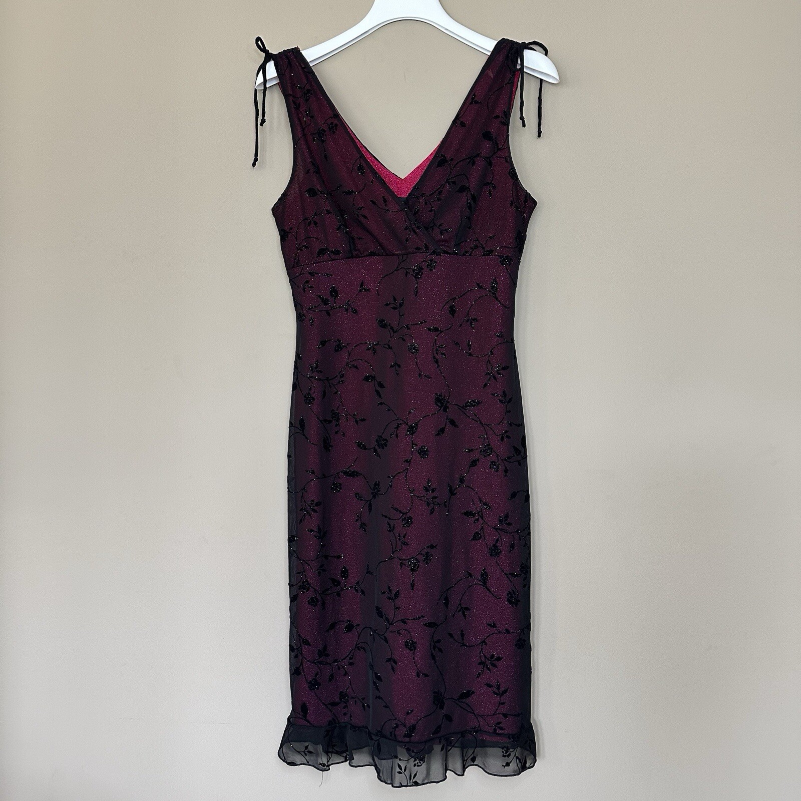 VTG 90s Y2K Women M Whimsigoth Dress Sparkle Pink Black Floral Chiffon Overlay