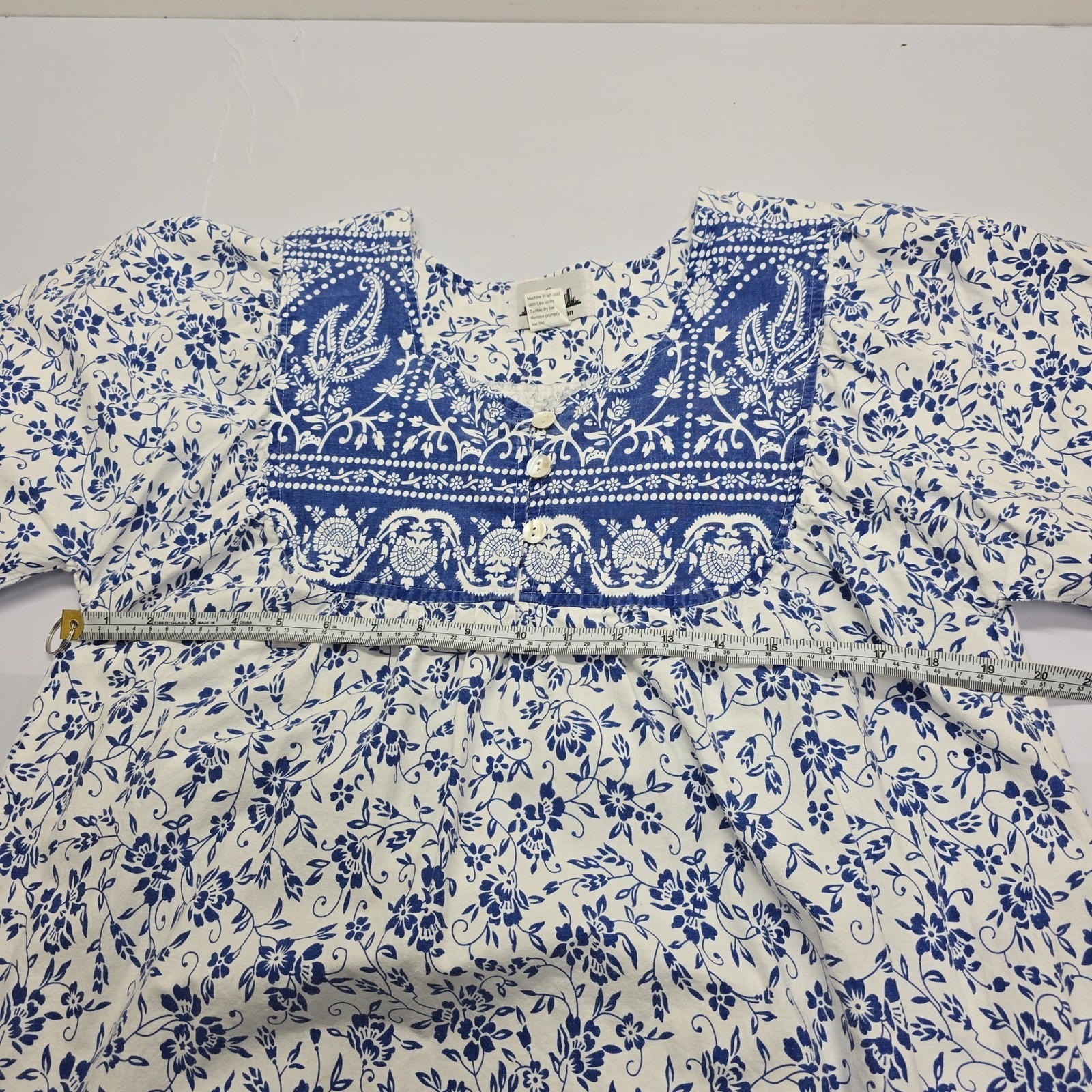 Metropolitan Blue White Floral Paisley Cotton Muu Muu House Dress Womens Medium