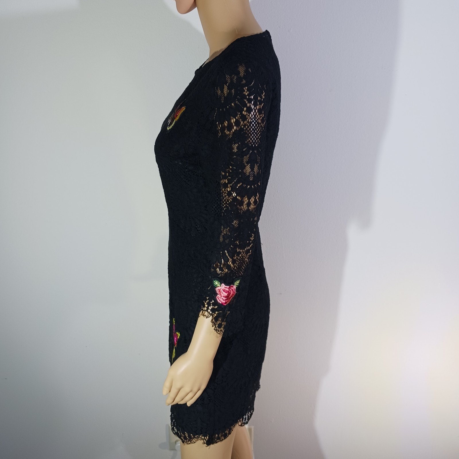 AMT Black Lace Butterfly Embroidered Shift Dress Women’s Size S 3/4 Sleeve Boho