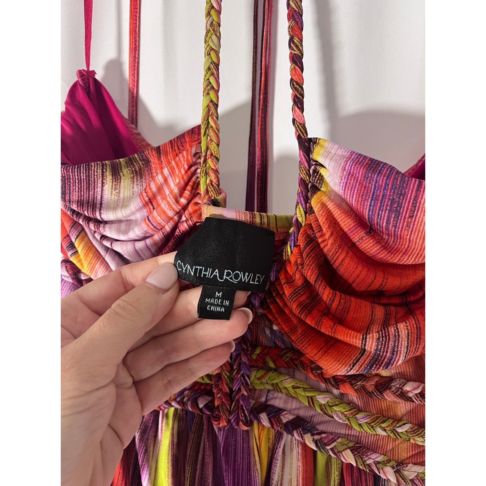 Cynthia Rowley Y2K Colorful Halter Maxi Dress M Braided Detail Resort Artsy