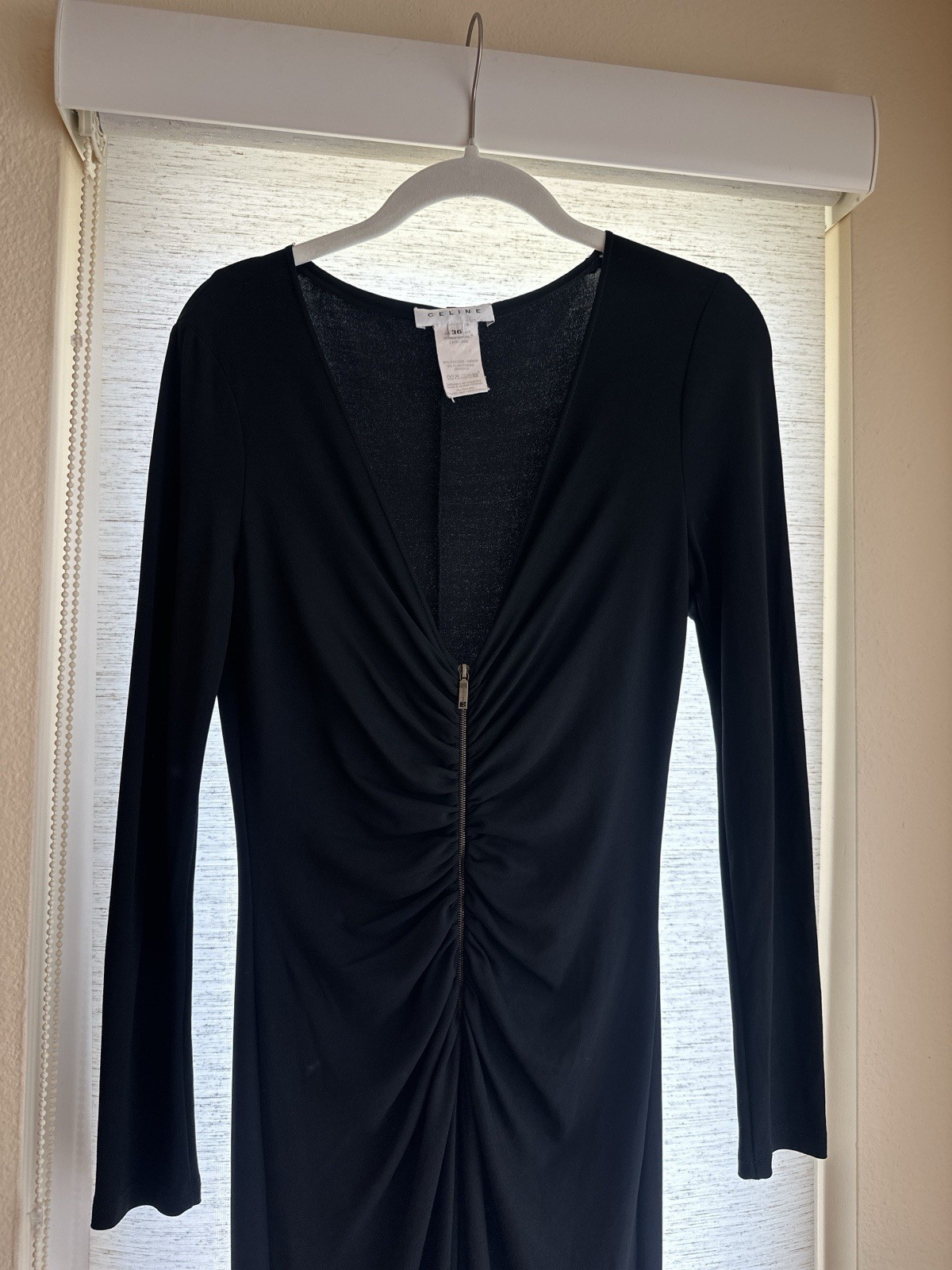 Celine V-Neck Midi Black Zip Front Ruched Dress Size 36