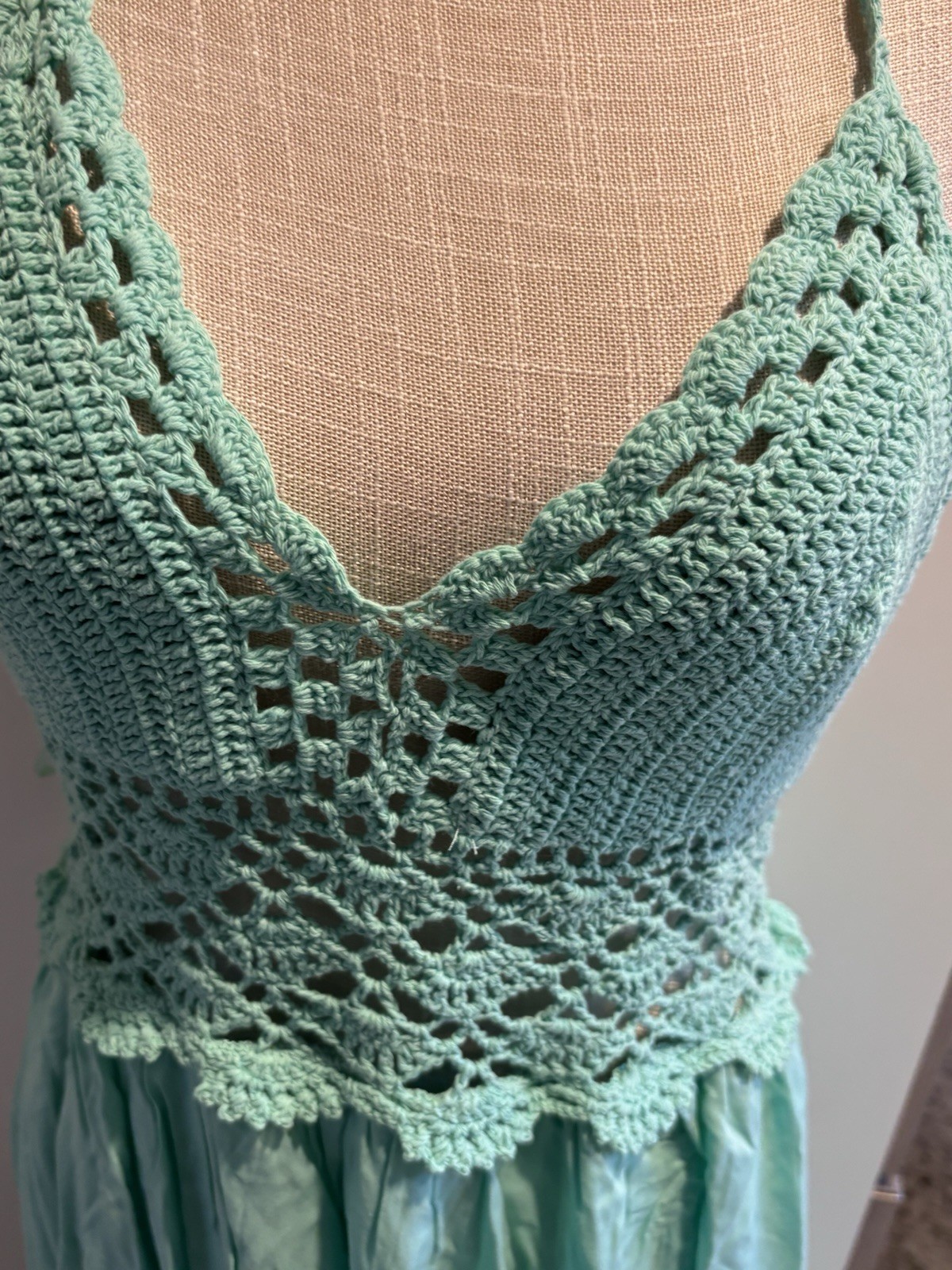 LB Lilbetter Crochet Halter Top Maxi Dress Seafoam Shade Long Size Med