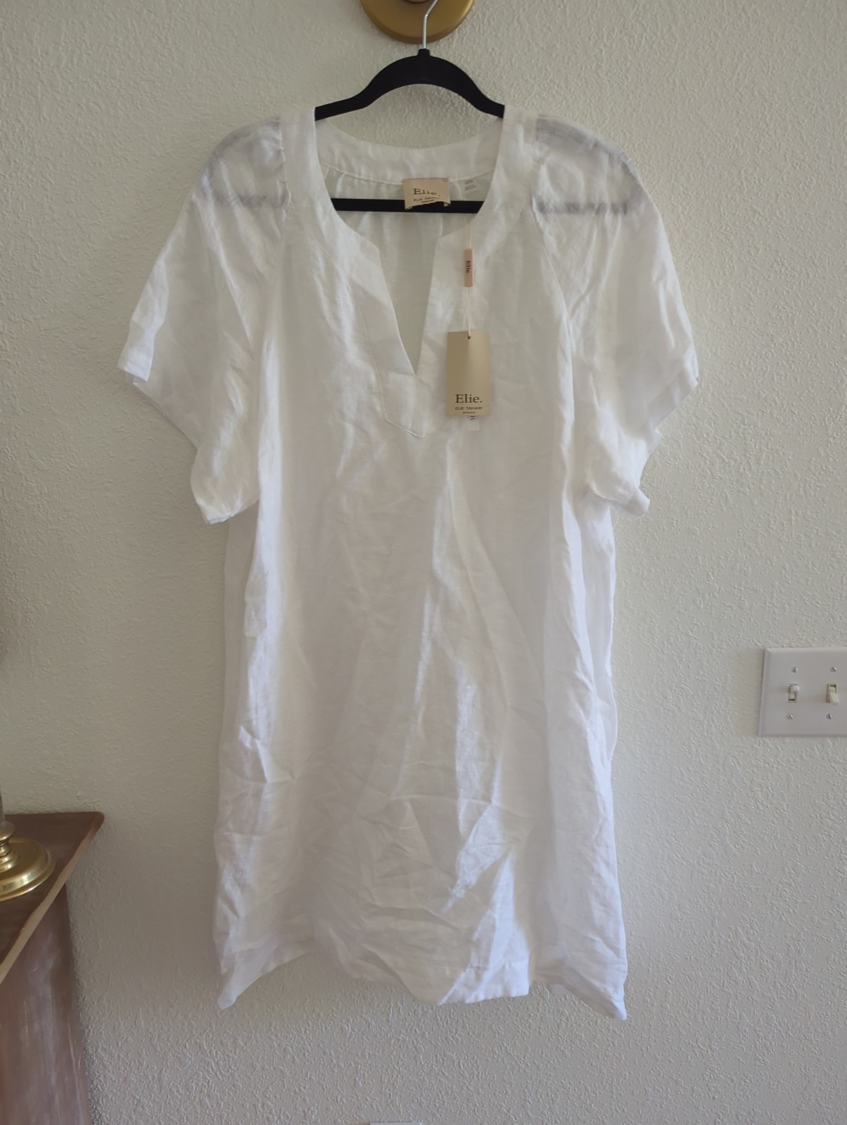 Elie Tahari White European Linen Shift Dress Knee Length Short Sleeve 1XTG New