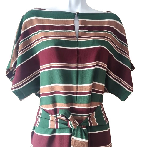 Vintage Style Striped Sheath Dress Green, Burgandy, UK Large (Fits 12 to 14)