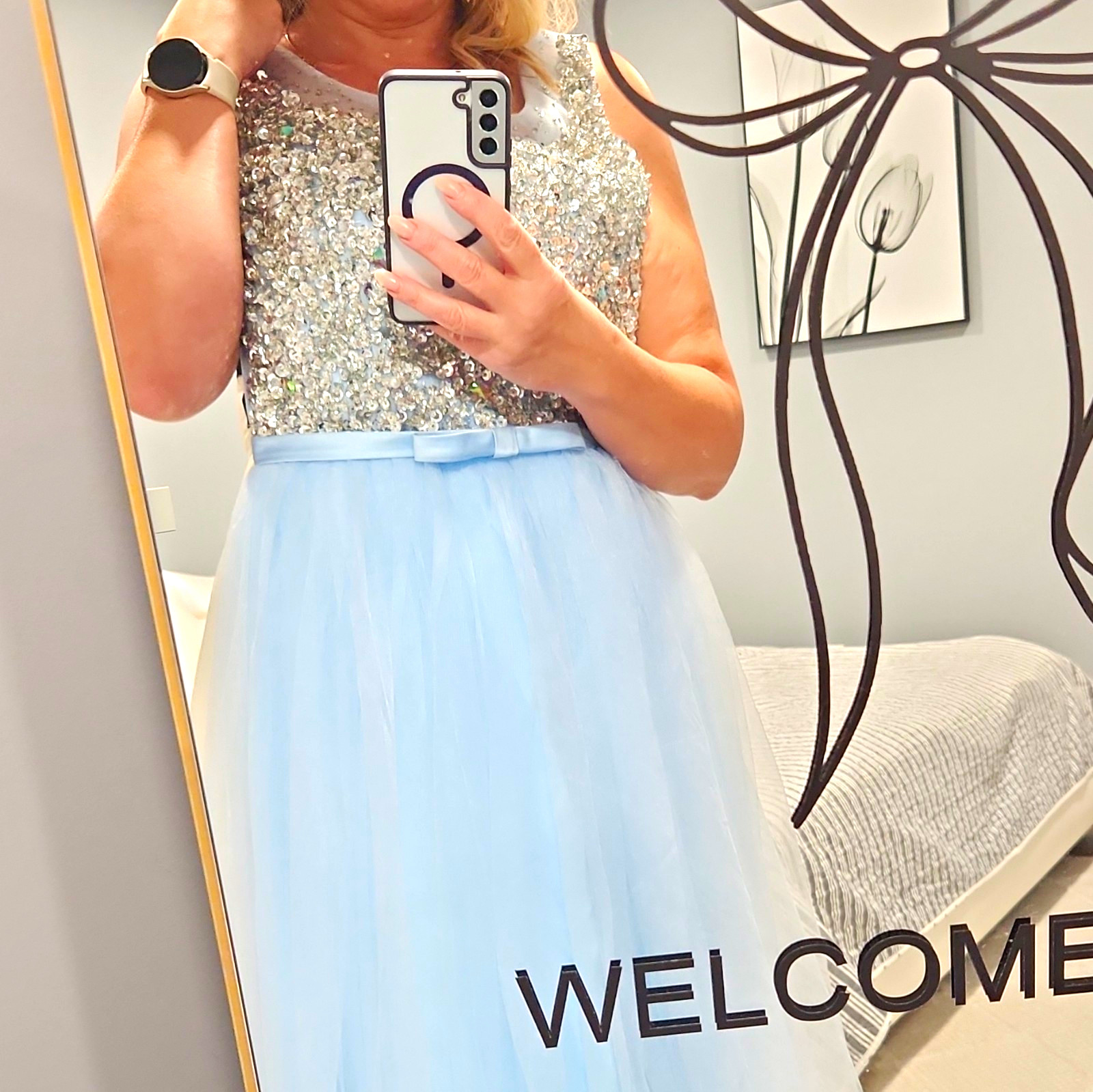 Blue Tulle Long Formal Gown, Silver Sequin Bodice, Satin Bow, Size 4